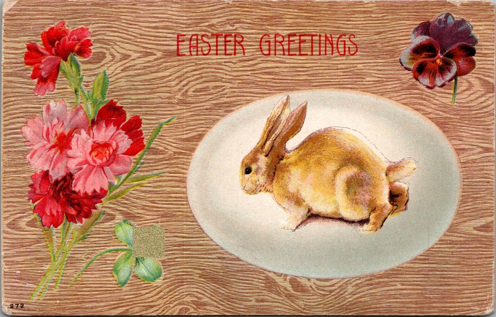 Easter Greetings Embossed Postcard Bunny Rabbit inside Egg Pink Carnations