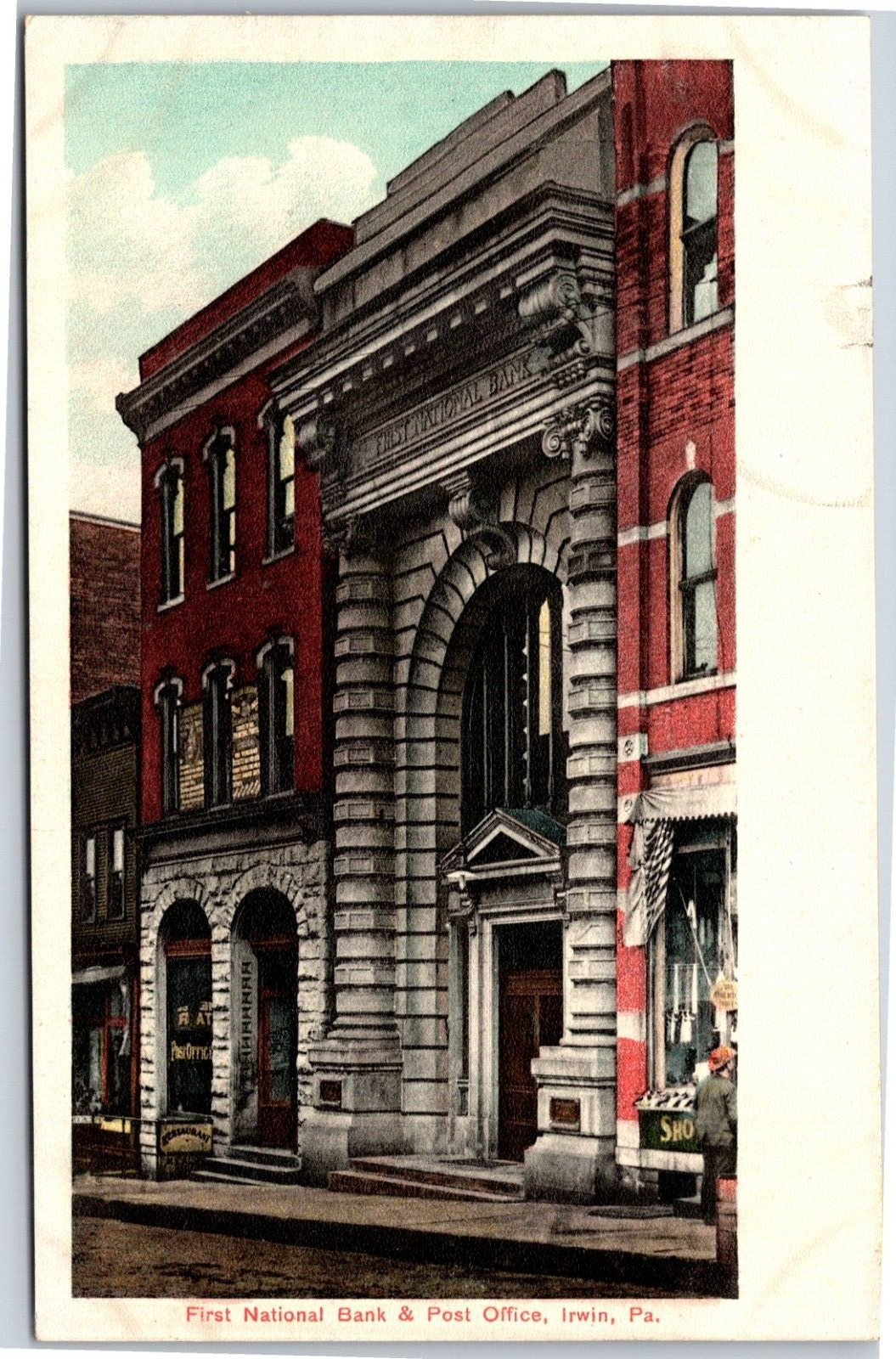 Irwin PA First National Bank & Post Office Nice c.1910 Vintage Postcard