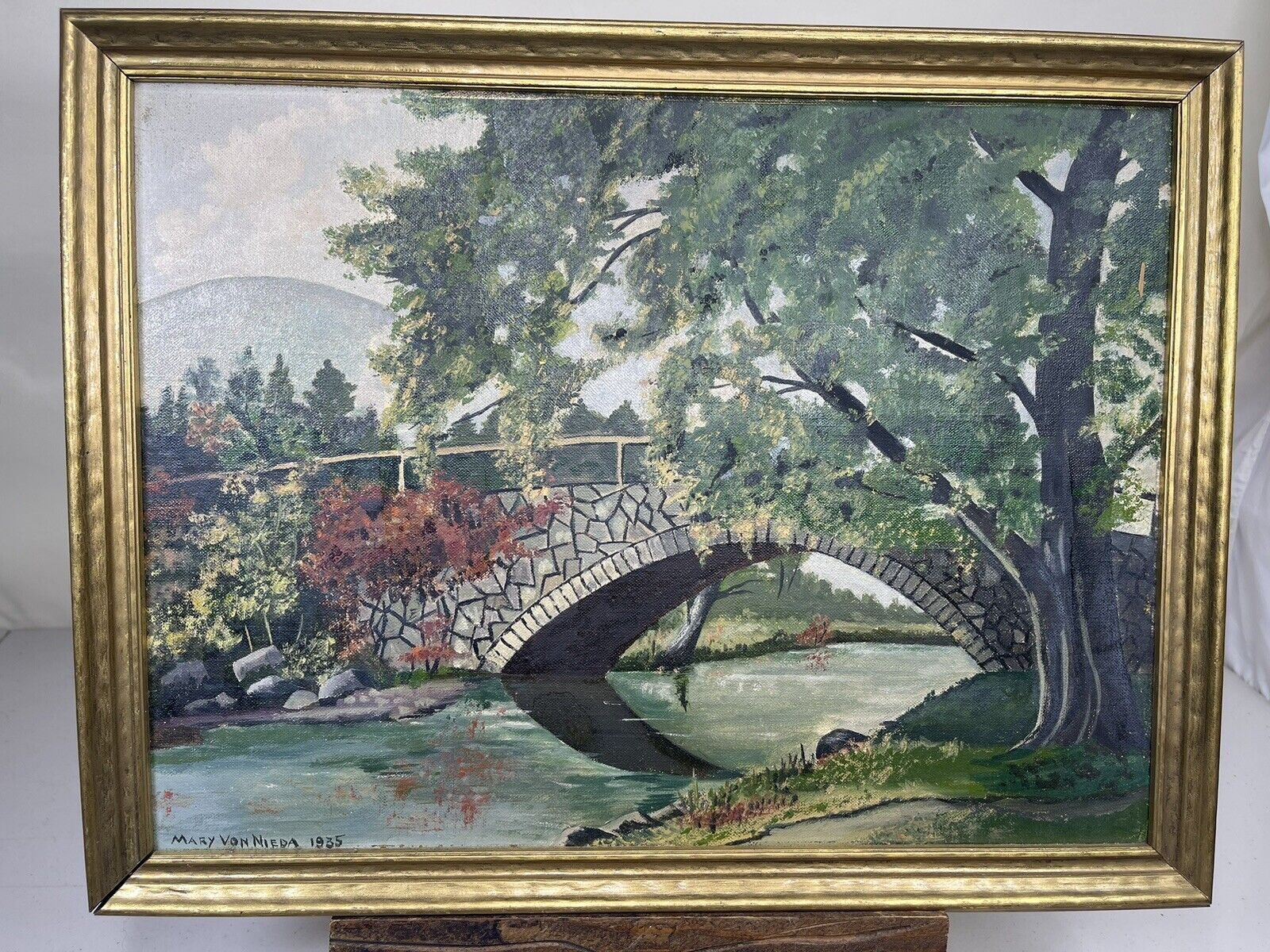 Vtg Antq Painting 1935 Signed Mary Von Neida OOAK Stone Bridge Framed 18”x14”