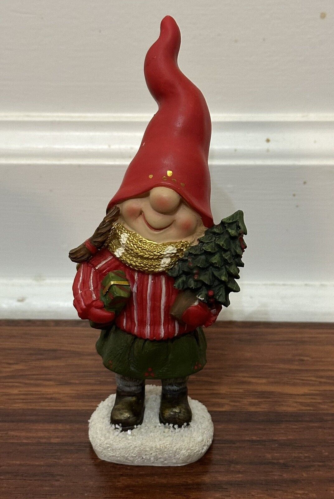 Christmas Gnome Figurine Tall Hat Holding Present Christmas Tree Snow 6”