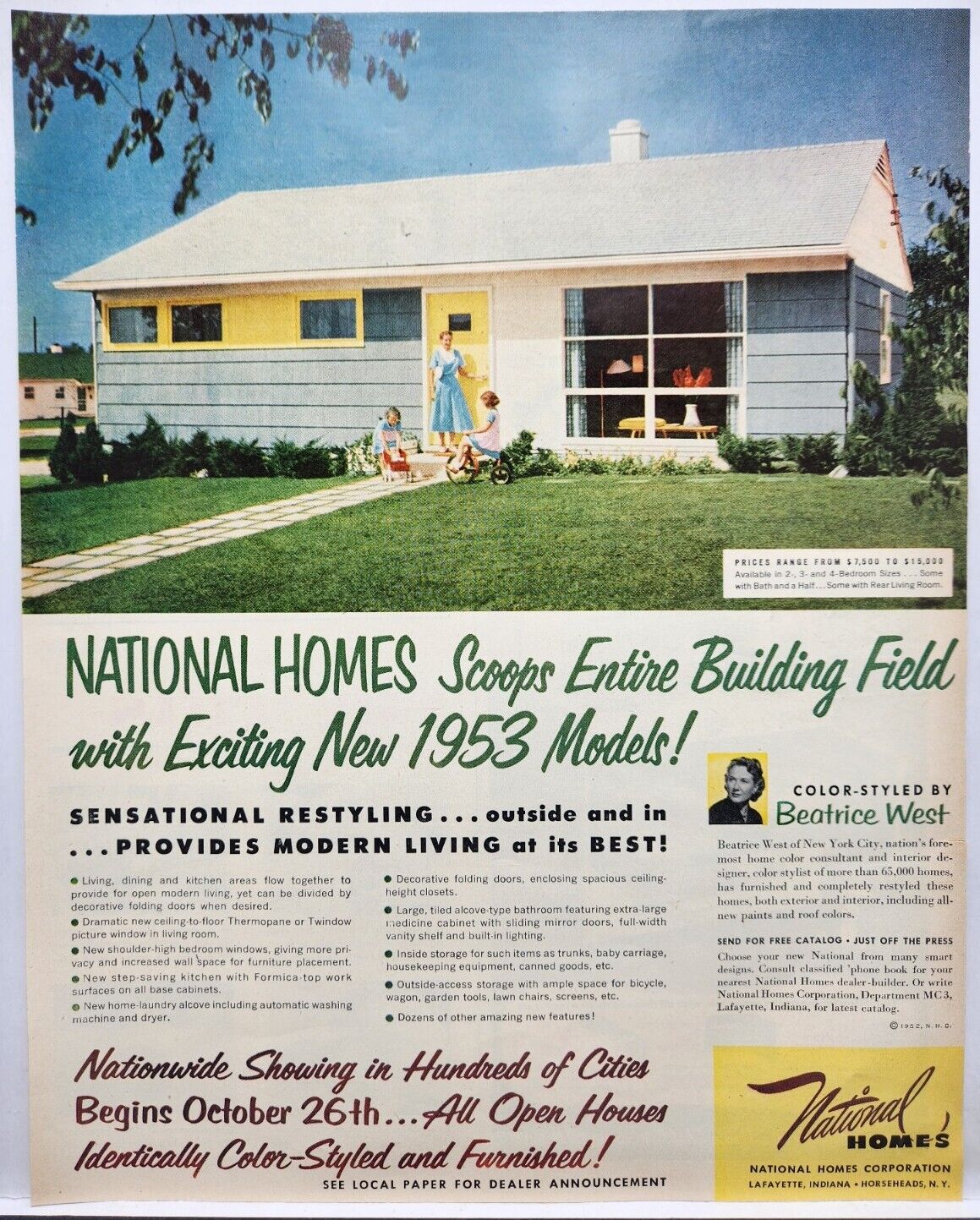 1953 National Homes MCM Vintage Print Ad Poster Man Cave Art 50\'s Lafayette IN