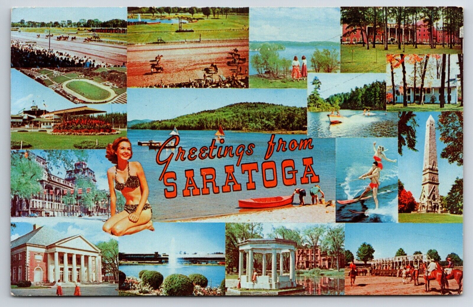Greetings From Saratoga Springs New York NY Multi View Dexter Chrome Postcard