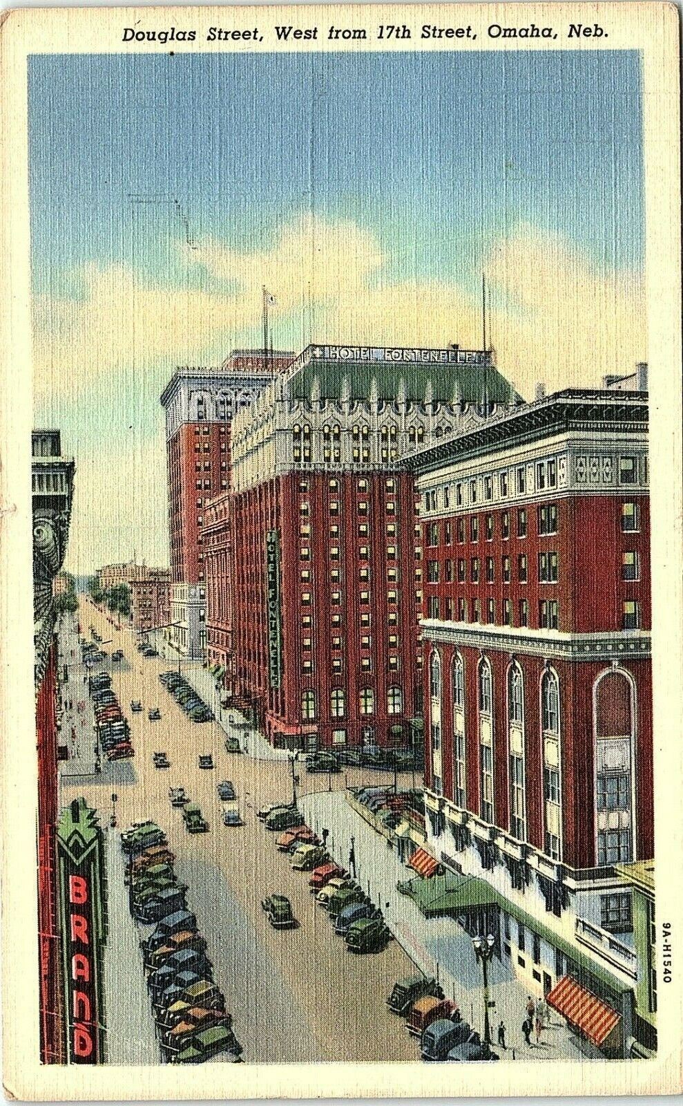 1948 Hotel Fontenelle Omaha Nebraska Main Street View Autos Linen Postcard 13-16