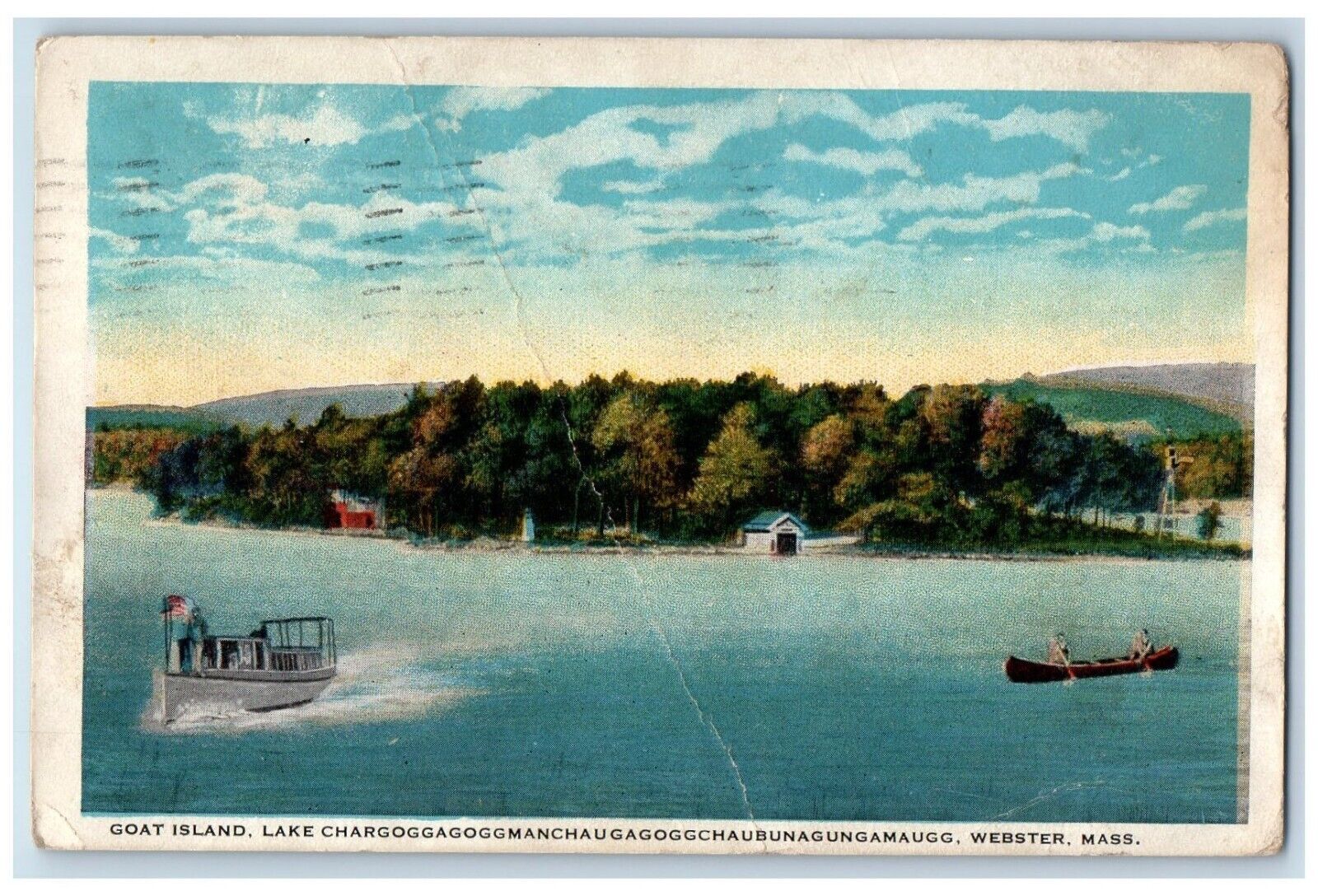 1924 Goat Island Lake Canoe Boat Webster Massachusetts MA Vintage Postcard