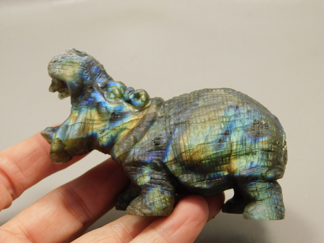 Hippopotamus Figurine Labradorite Carved 3.25 inch Stone Animal #O11