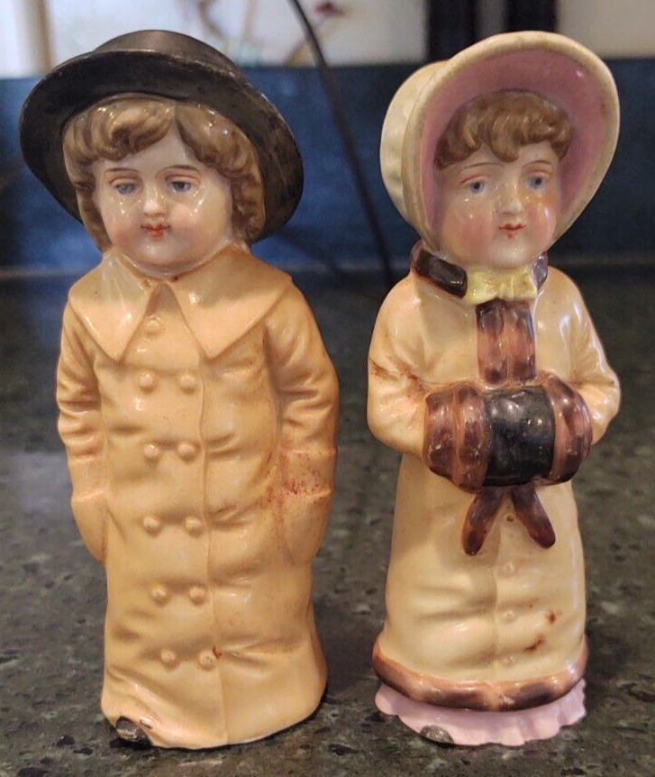 Antique Pair Kate Greenaway Glazed Boy & Girl Salt & pepper Set
