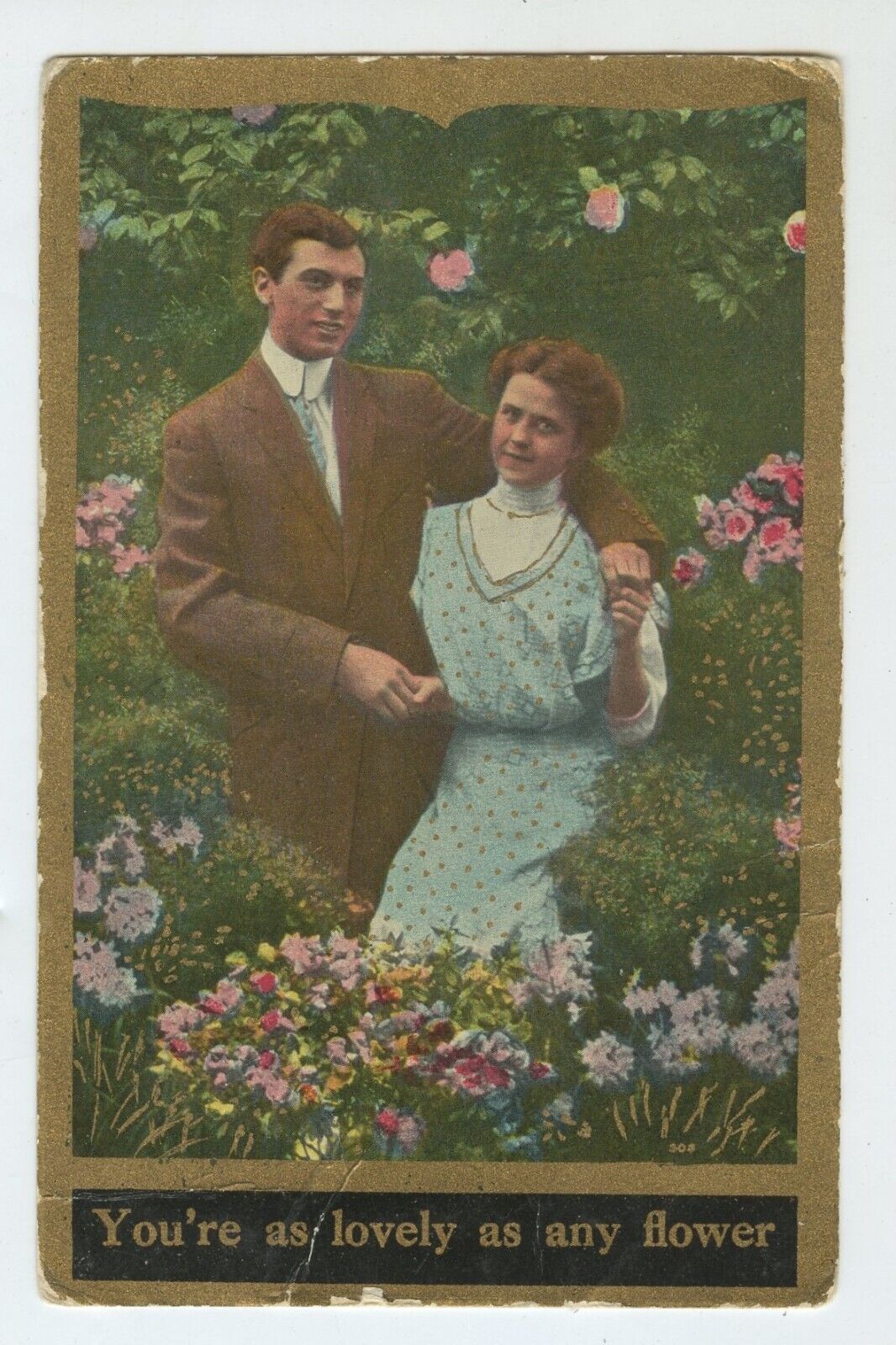 1910 Newton Iowa postmark March 28. MAN WOMAN. You\'re as Lovely as any Flower PC