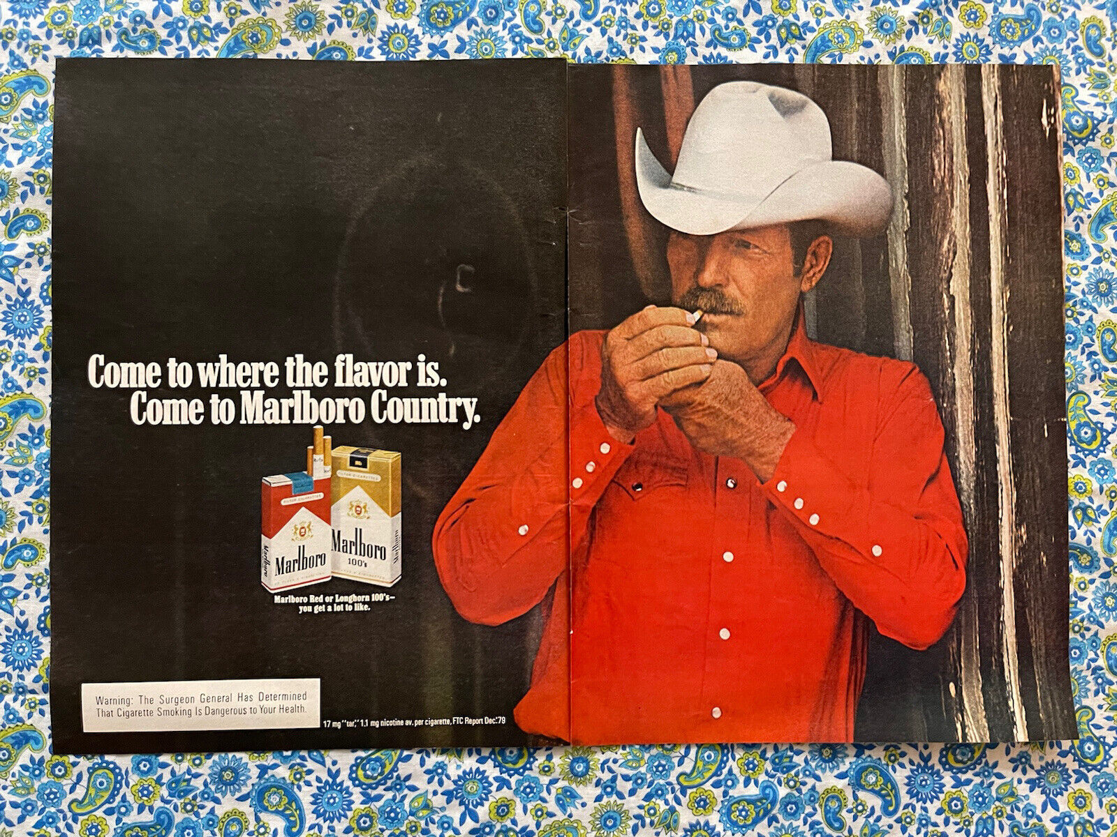 🔥🔥Vintage 1981 Marlboro Cigarettes Print  Ad Cowboy Red Shirt White Hat 🔥🔥