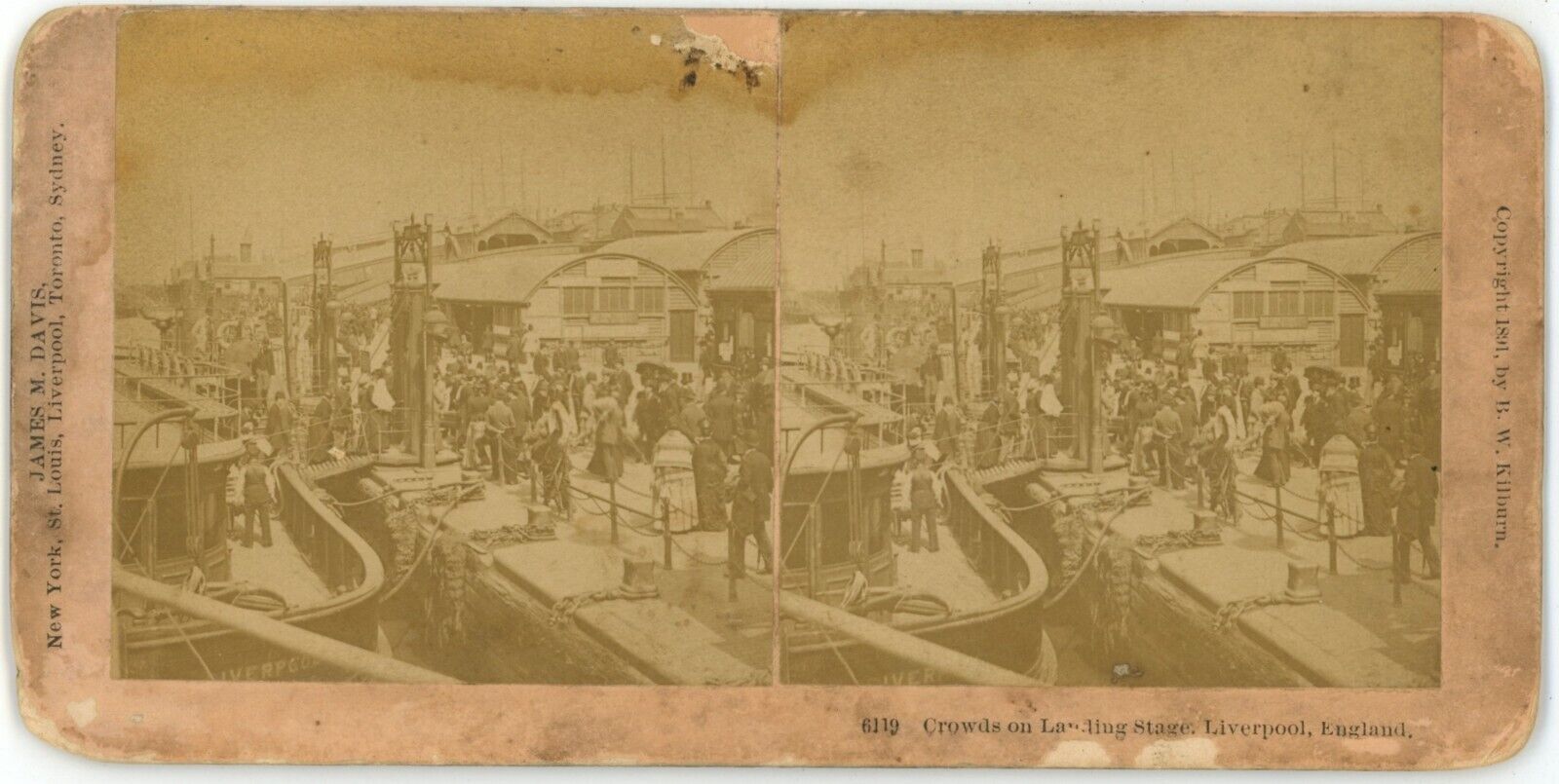 1891 Real Photo Stereoview Card Crowds on Landing Stage Liverpool, England