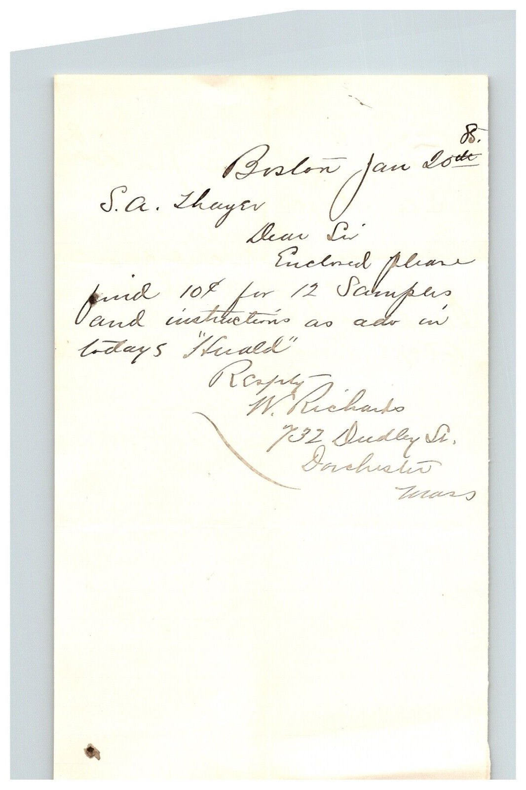 1885 Handwritten Letter W Richards Boston Dorchester MA Massachusetts History