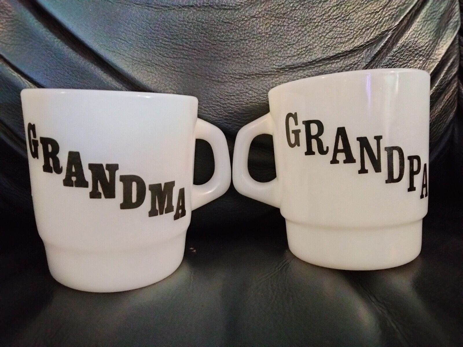Vintage GRANDMA & GRANDPA Milk Glass Coffee Mugs  Cups Termocrisa Excellent Cond