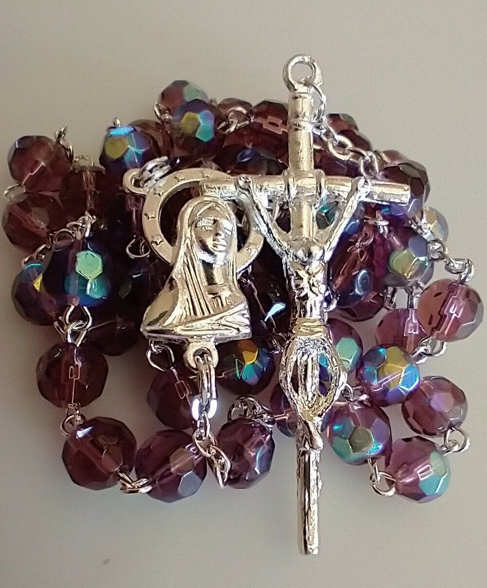 Catholic AB Purple Color Iridescent Glass Rosary Silver Tone Crucifix and Center