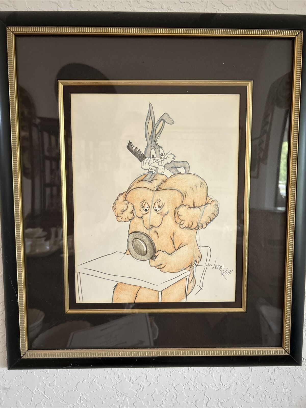 Original Animation Drawing of Bugs Bunny and Gossamer signed by Virgil Ross