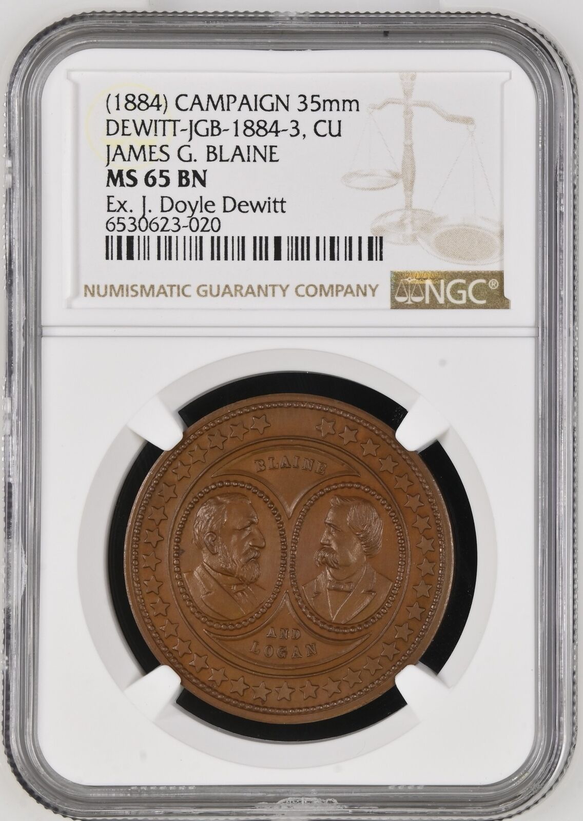 RARE 1884 James G. Blaine NGC MS65 JGB-1884-3 COPPER Campaign Medal Ex. Dewitt