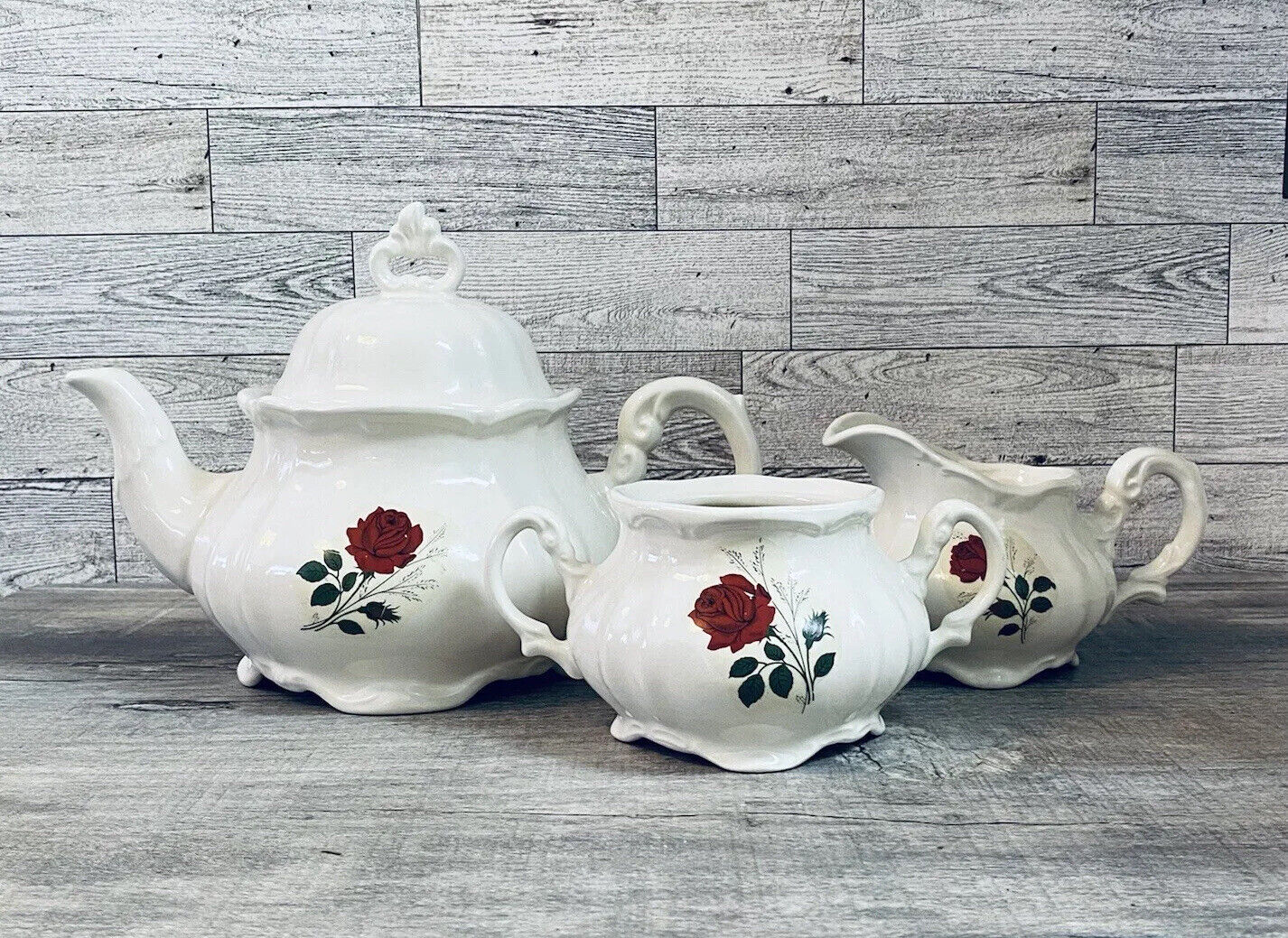 3 Piece Vintage Pottery Ceramic Rose Transfer Teapot with Sugar and Creamer 