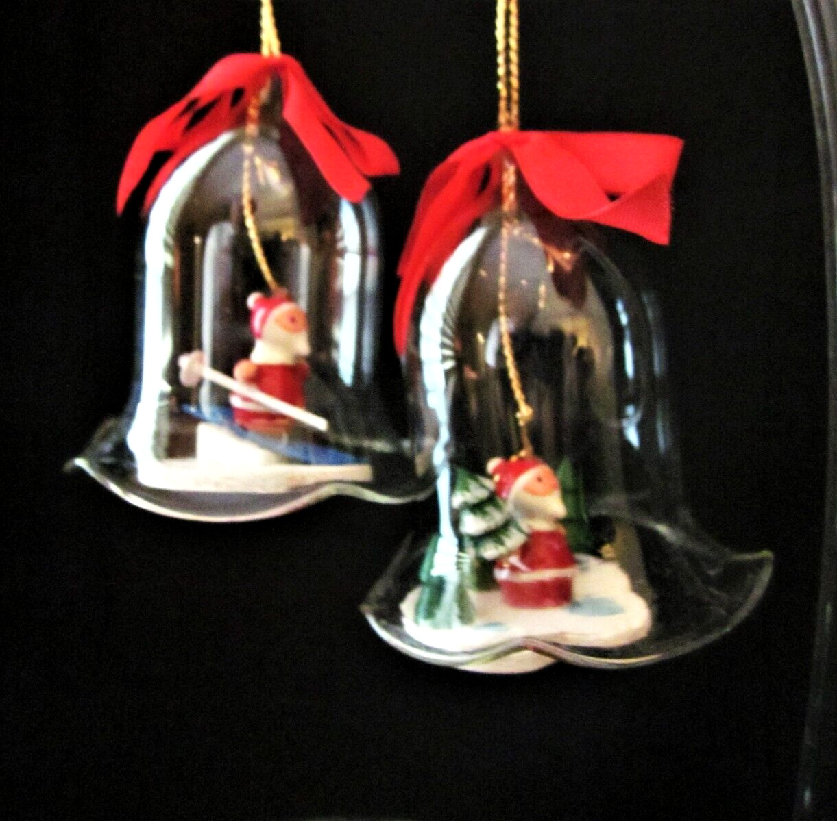 2 Vintage Glass Bell/ Wooden Santa Figure, Ruffled Edge Christmas Ornaments