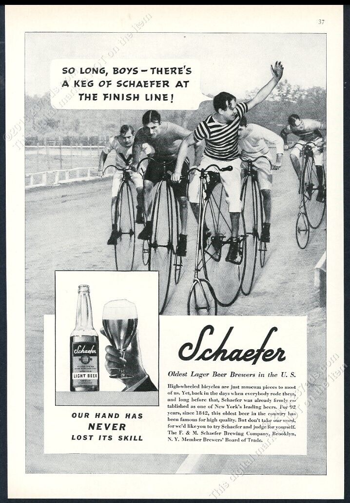 1934 big front wheel bike bicycle race art Schaefer Beer vintage print ad