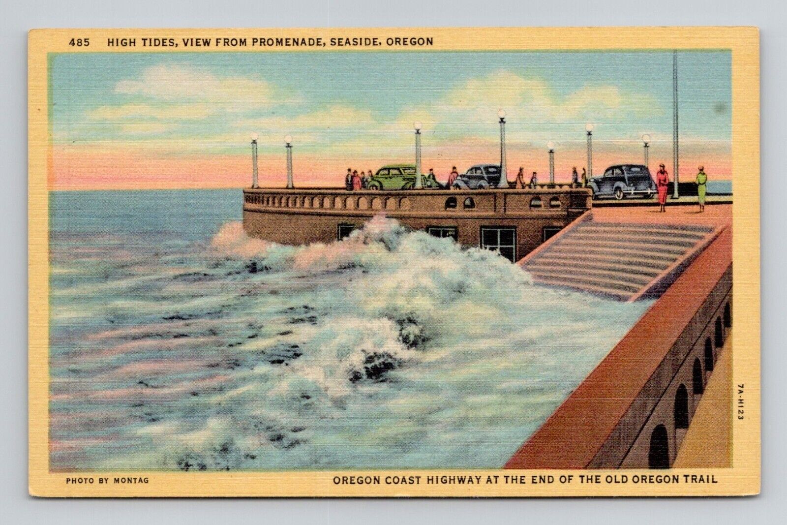 Postcard Promenade w/ Cars in Seaside Oregon, Vintage Linen B4