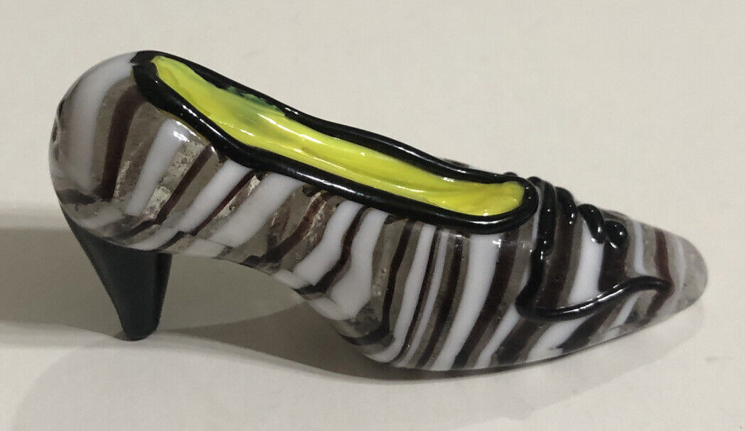 Retired Fitz & Floyd Art Glass 3” Shoe Menagerie Black White Stripe EUC