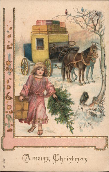 Christmas Children Girl Bringing Presents and Tree: A Merry Christmas Postcard