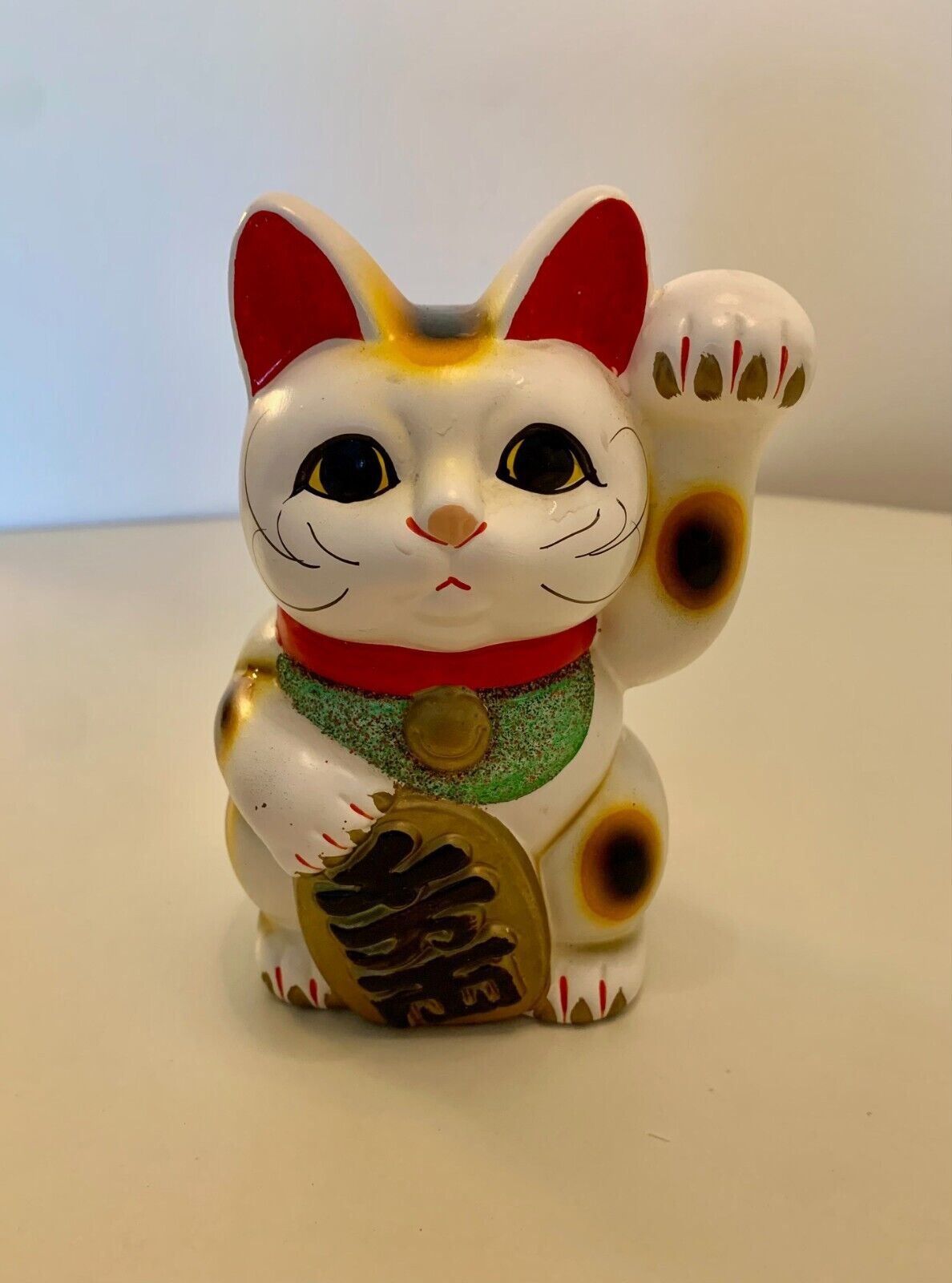 Ceramic Maneki-Neko Lucky Cat Japanese Coin Bank 6 1/8in. Left Paw Raised