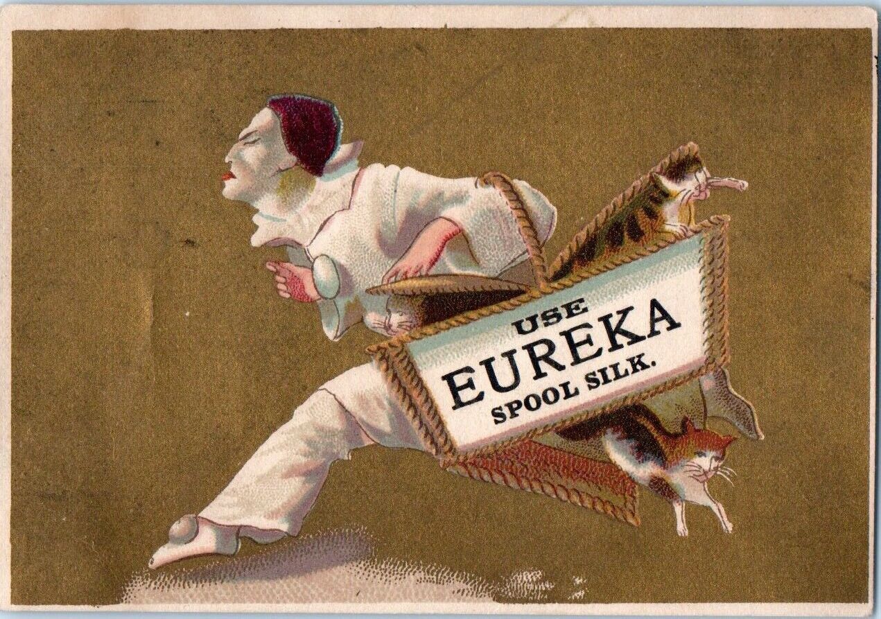 Eureka Spool Silk Mfg Co white face clown kittens Victorian Ad Trade Card