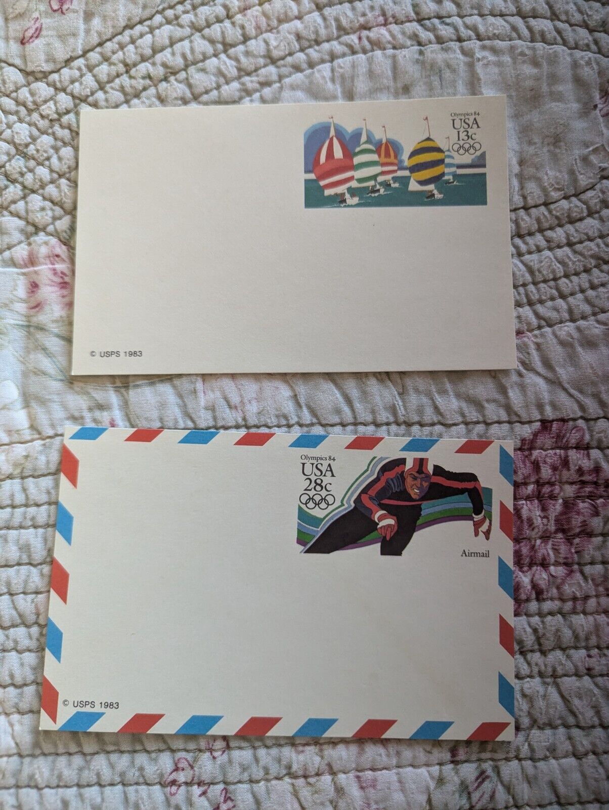 USA Olympics 1984 Sailing 13 Cents Speed Skating 28 Cents Blank Postcards (2)