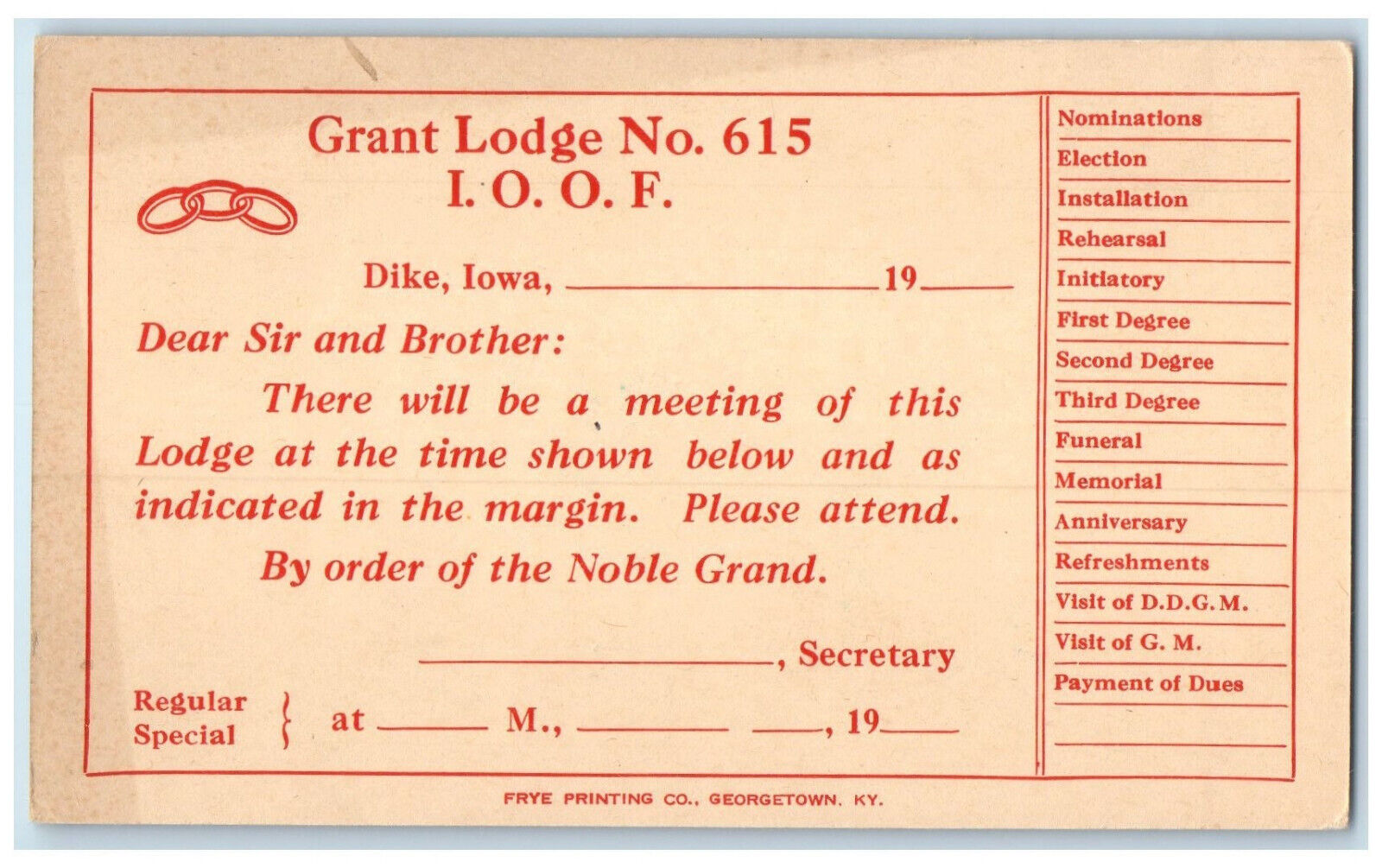 c1905 Grant Lodge No. 615 I.O.O.F. Dike Iowa IA Unposted Postal Card