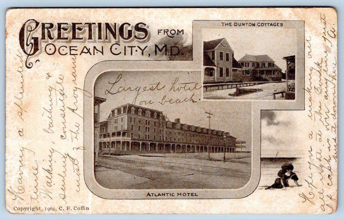 1904 GREETINGS OCEAN CITY MARYLAND MD ATLANTIC HOTEL DUNTON COTTAGES POSTCARD