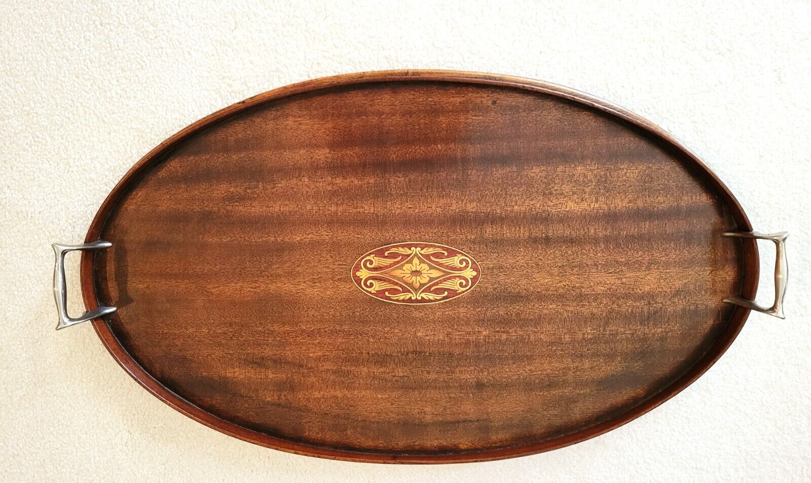 Quality Antique Mahogany Edwardian Inlaid Oval Gallery Tray with Nickel Handles