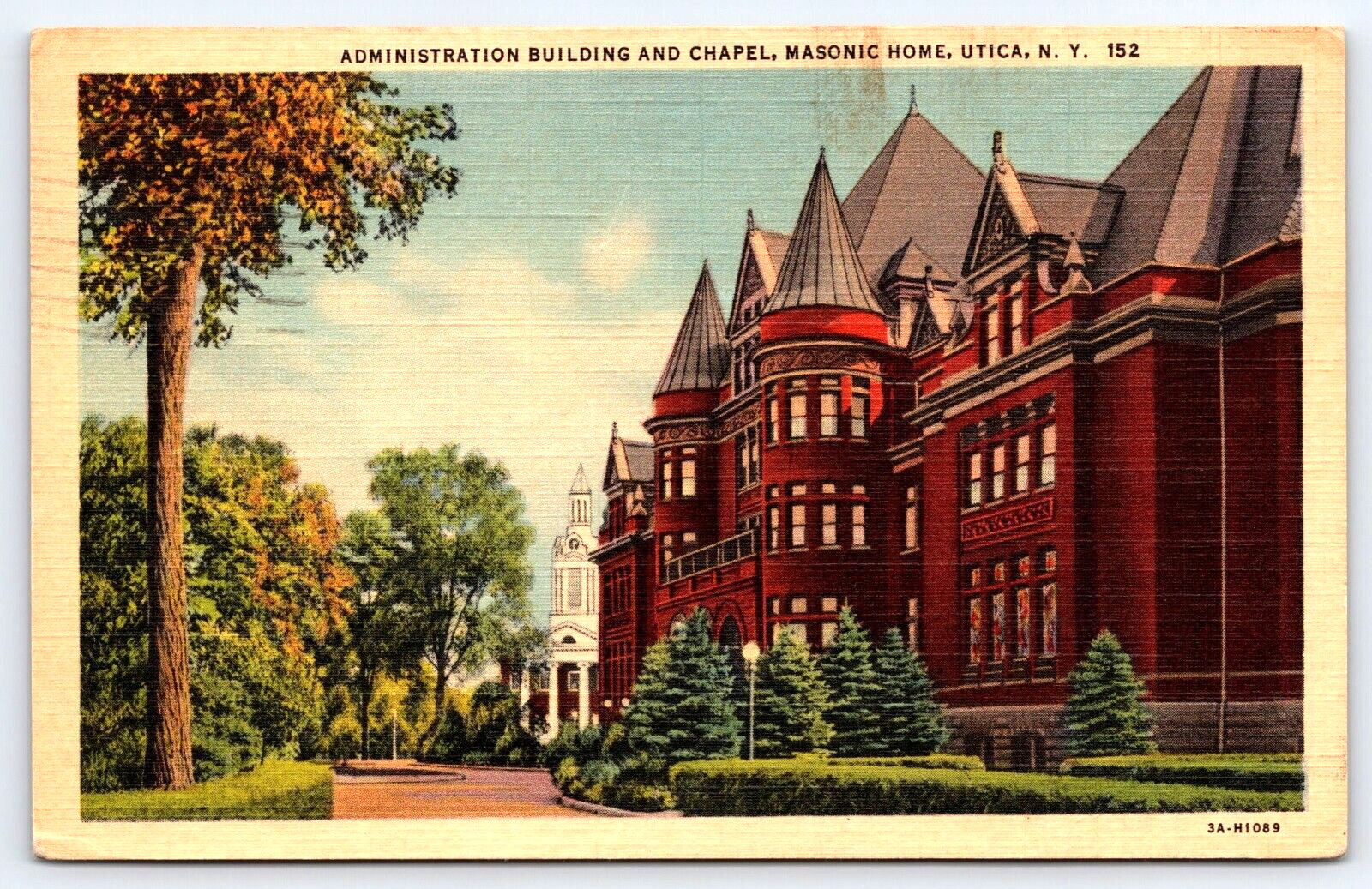Utica, NY, Administration Building, Chapel, Masonic Home, Vintage 1951 Post Card