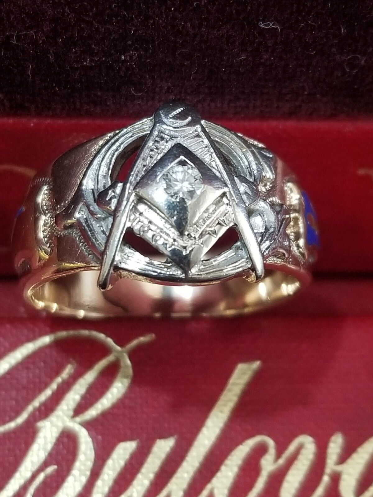 Antique 14K Yellow 10K White Gold Masonic Diamond Ring VINTAGE Size 10.5 ESTATE