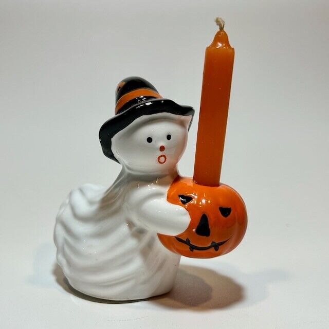 Vintage Silvestri Halloween Ghost With Pumpkin Candleholder Original Candle READ