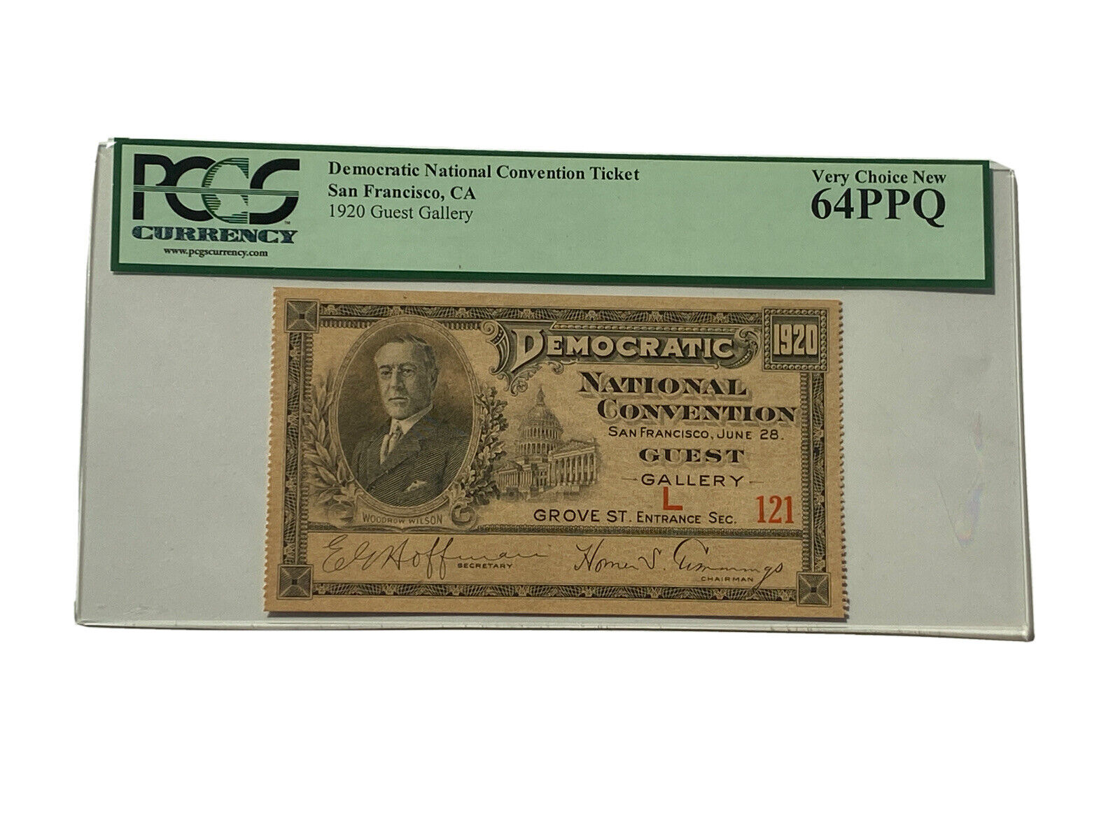 1920 Democratic National Convention Ticket James Cox Franklin Roosevelt PCGS 64