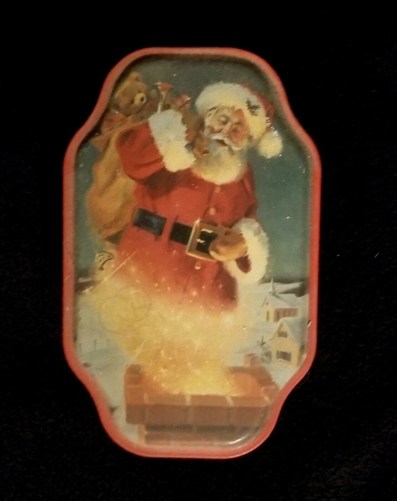 Vintage1997 Season\'s Greetings Santa Olive Can Christmas Tin By Tom Browning
