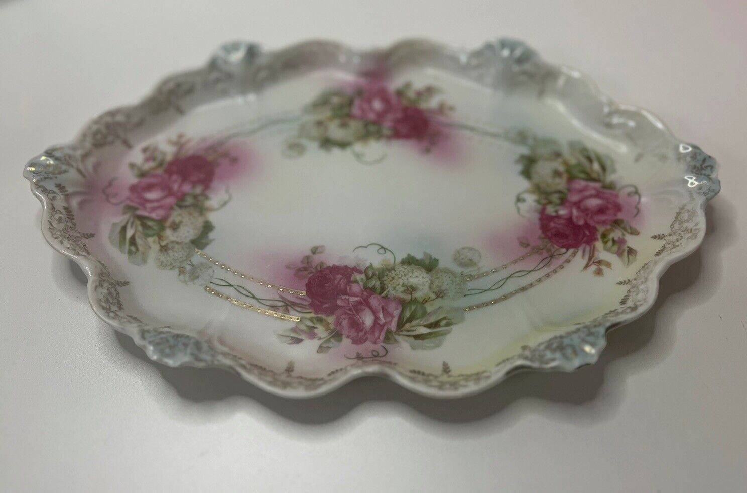 Antique Adolph Persch AP Austria Porcelain Vanity Tray Pink Floral Cottage Roses