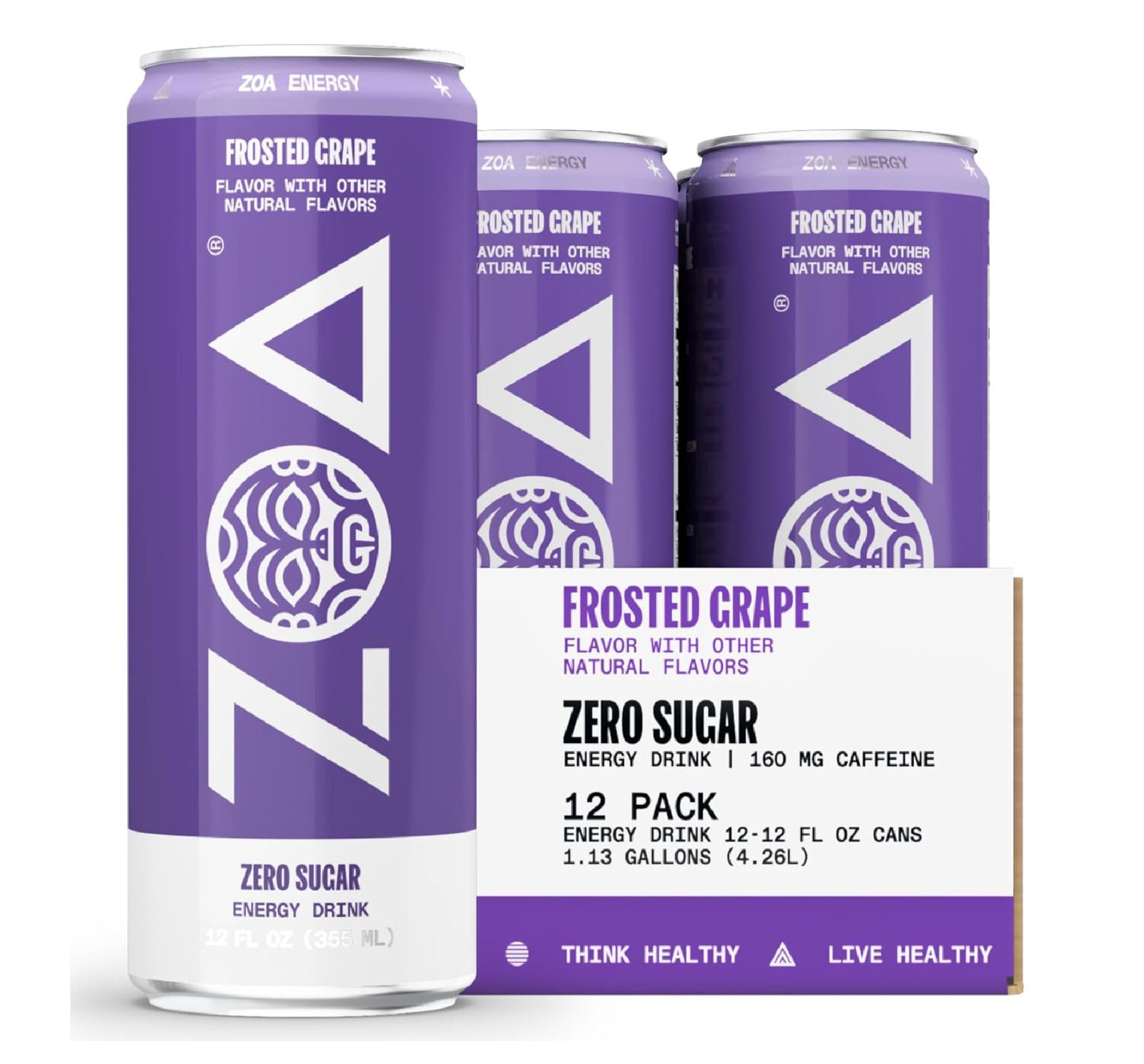 ZOA Zero Sugar Energy Drinks Frosted Grape Sugar Free with Electrolytes Healthy