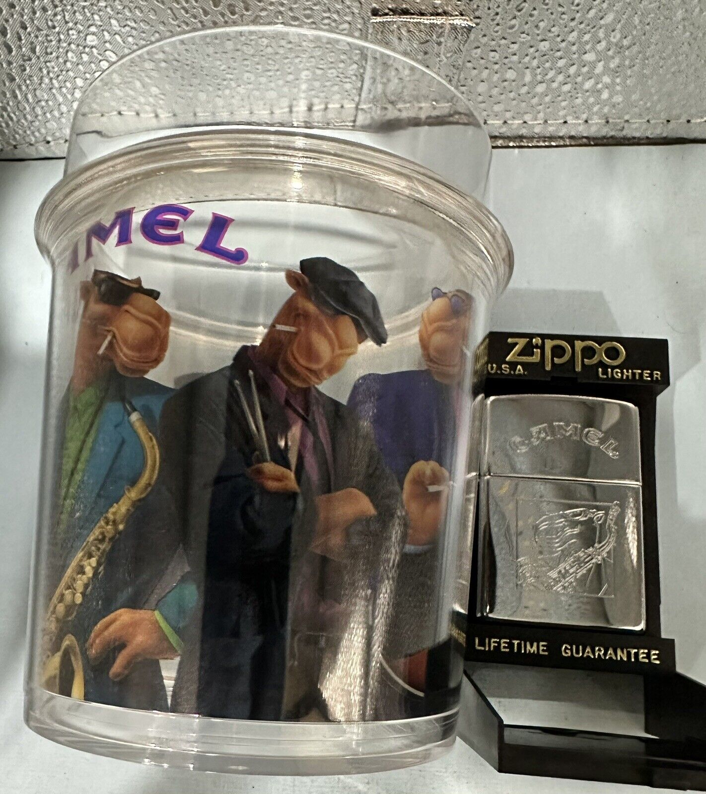 Vintage 1996 Camel Floyd Saxophone Chrome Zippo Lighter NEW & Camel Plastic Cup
