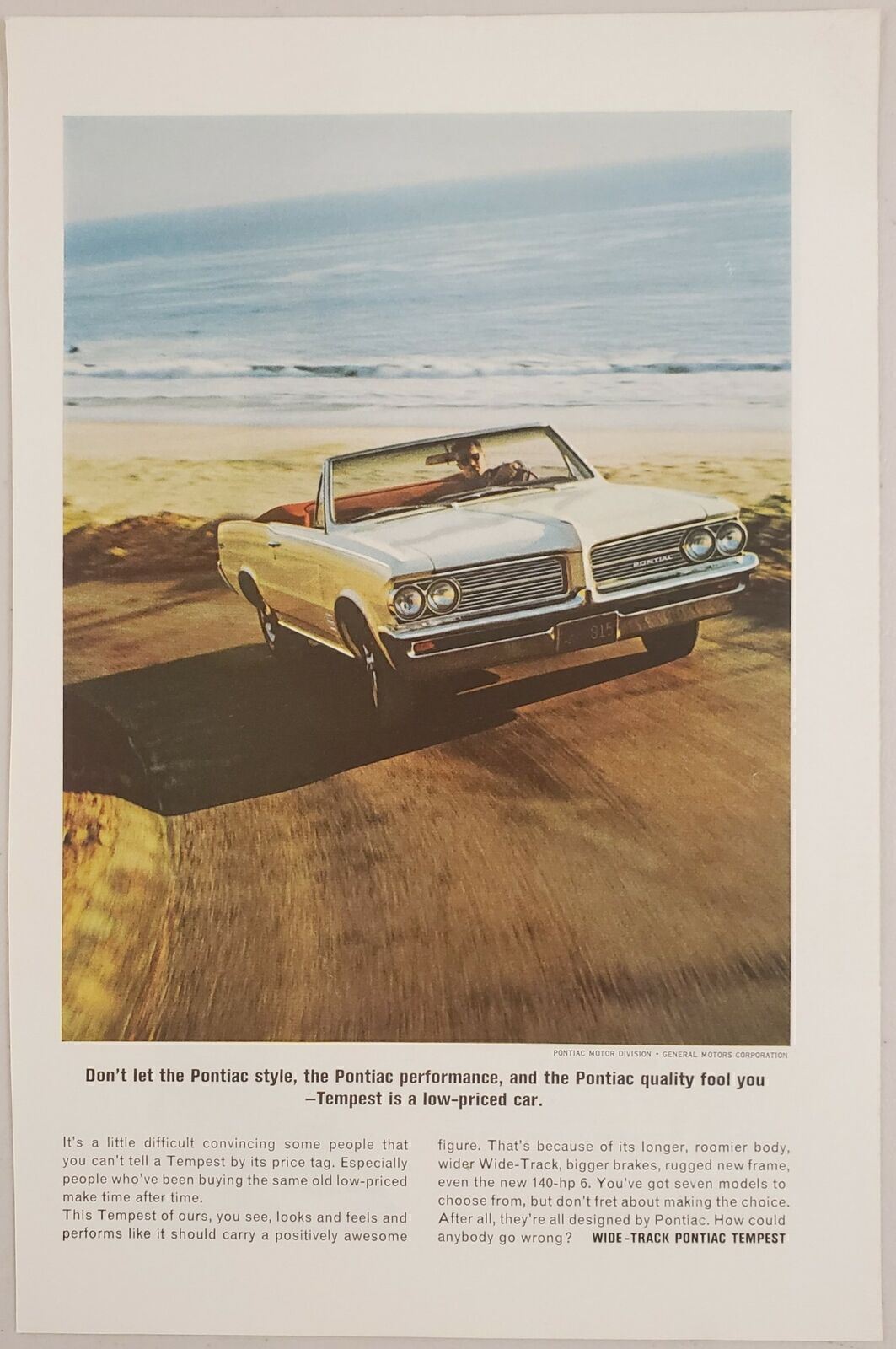 1964 Print Ad Pontiac Tempest Wide-Track Convertible on Road by Ocean