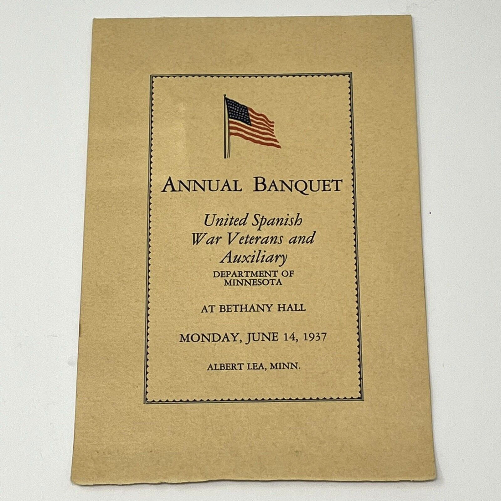 1937 United American Spanish War Veterans Banquet Program Menu Albert Lea MN