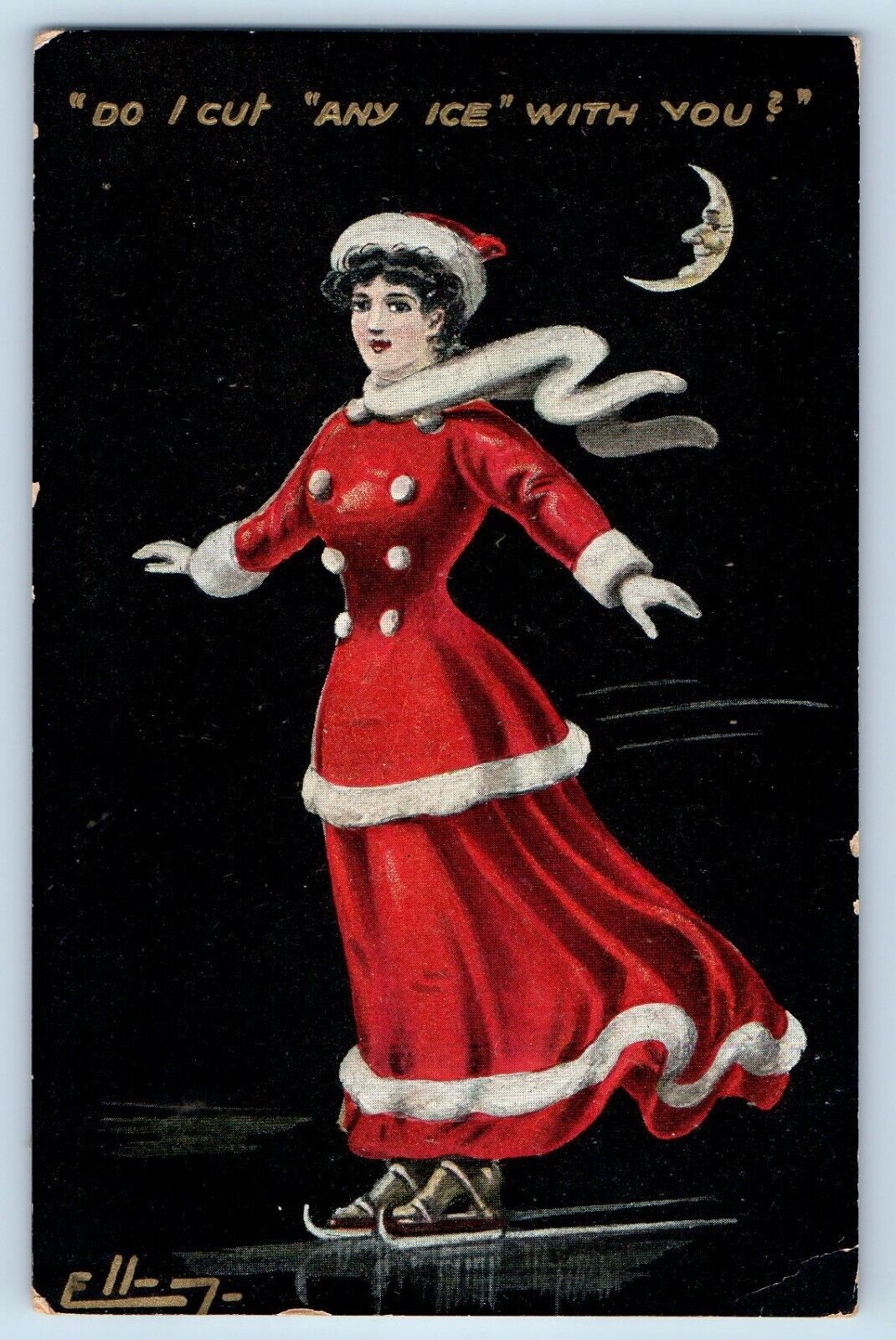 Woman Postcard Face In Moon Ice Skating Do I Cut Any Ice With You 1911 Antique