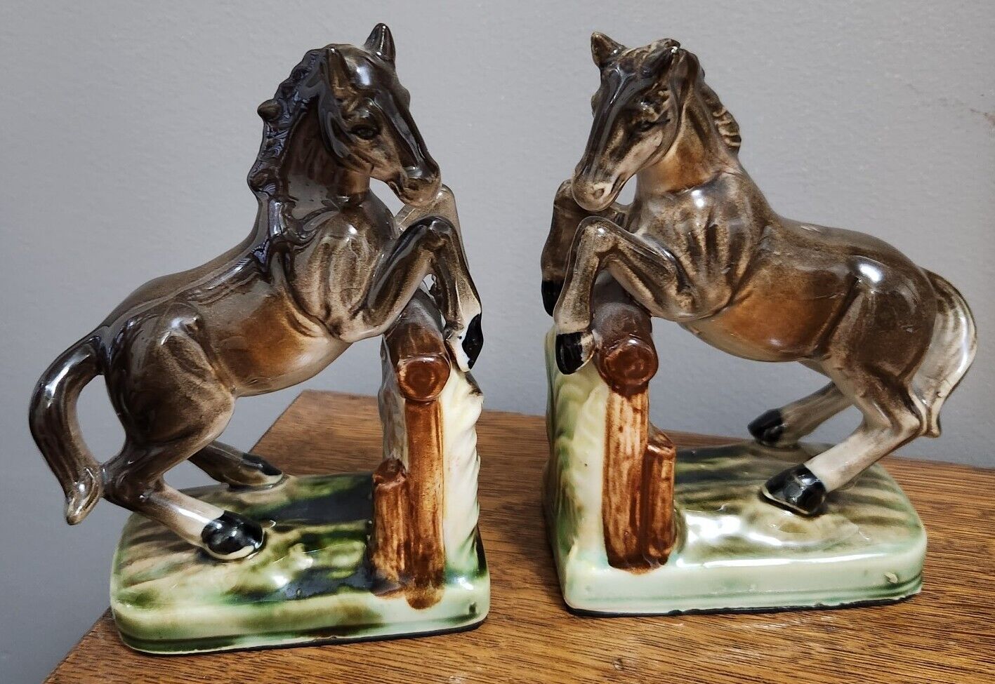 Vintage Porcelain Brown Jumping Horse Book Ends JAPAN EQUESTRIAN LIBRARY No Flaw