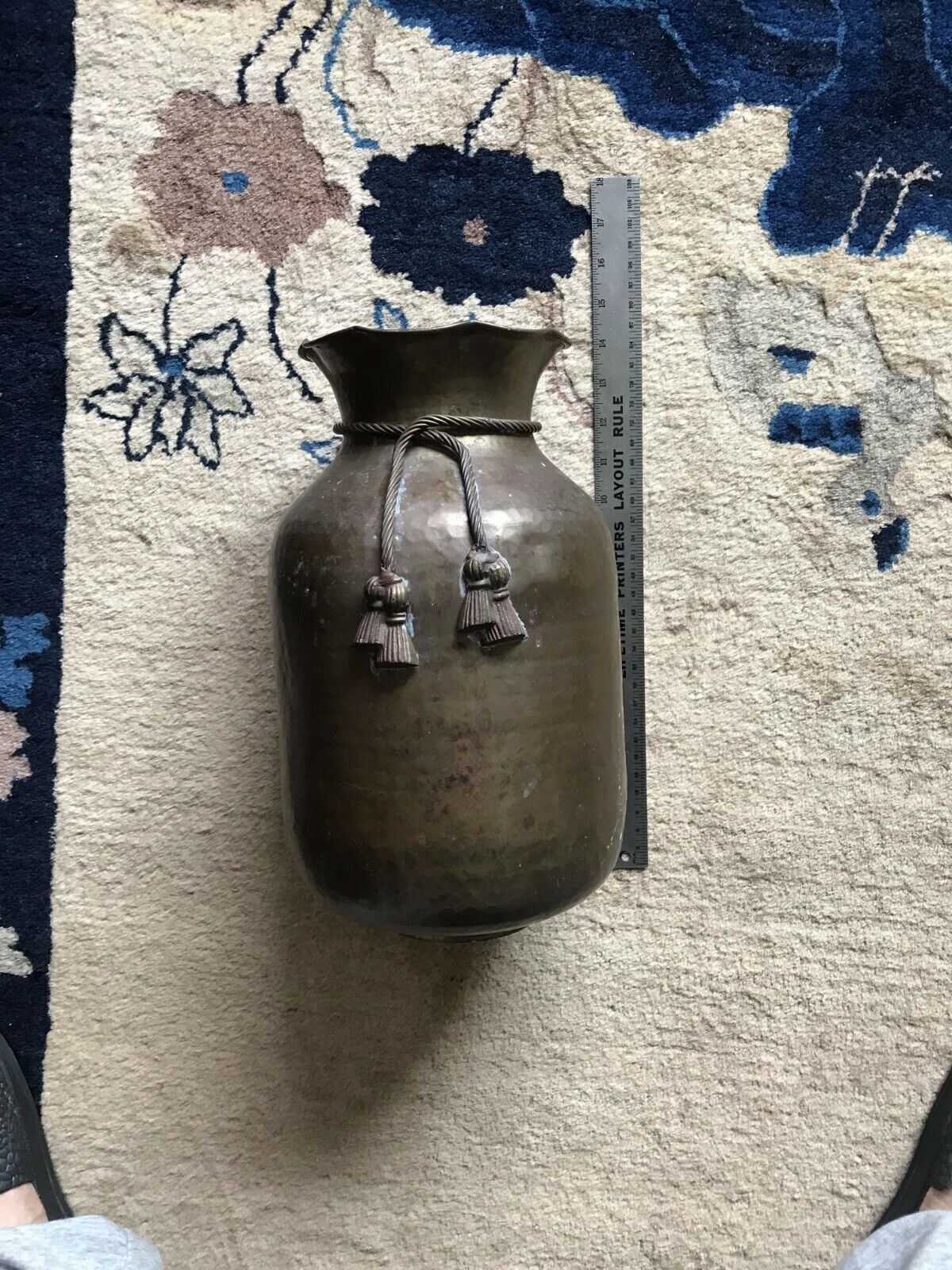Vintage / Antique Hammered Brass Vase Jar Braided Rope & Tassel Accents 13.5\