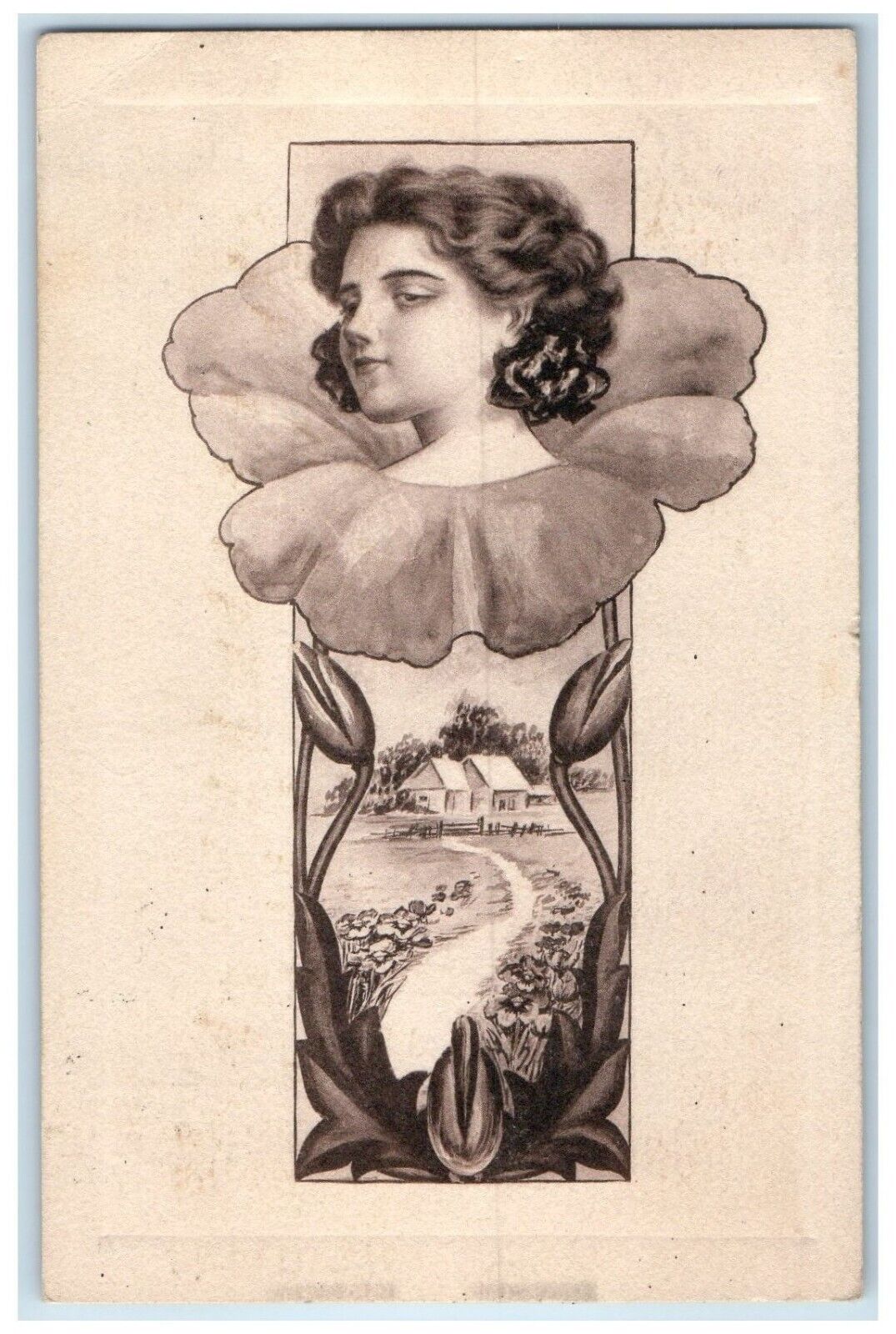 1910 Pretty Woman Flower Art Nouveau Henderson Minnesota MN Antique Postcard