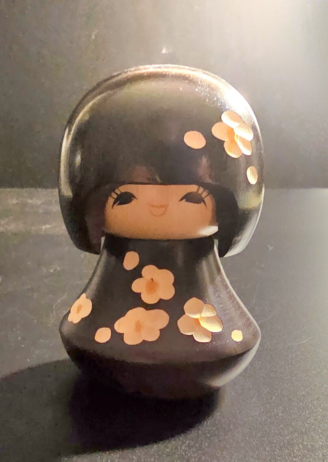 VIntage Japanese Nippon Usaburo Kokeshi Doll Inlay Tan Flowers 3 , Black Dress
