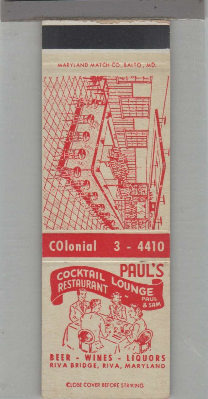 Matchbook Cover - Maryland - Paul\'s Cocktail Lounge & Restaurant Riva, MD
