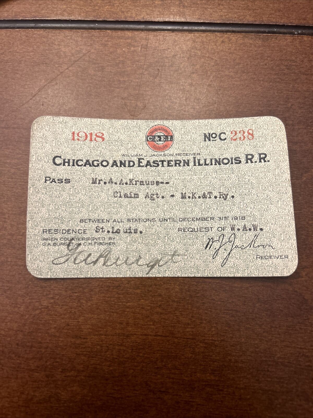 Rare 1918 Chicago & Eastern Illinois Railroad Pass Railway RR Train