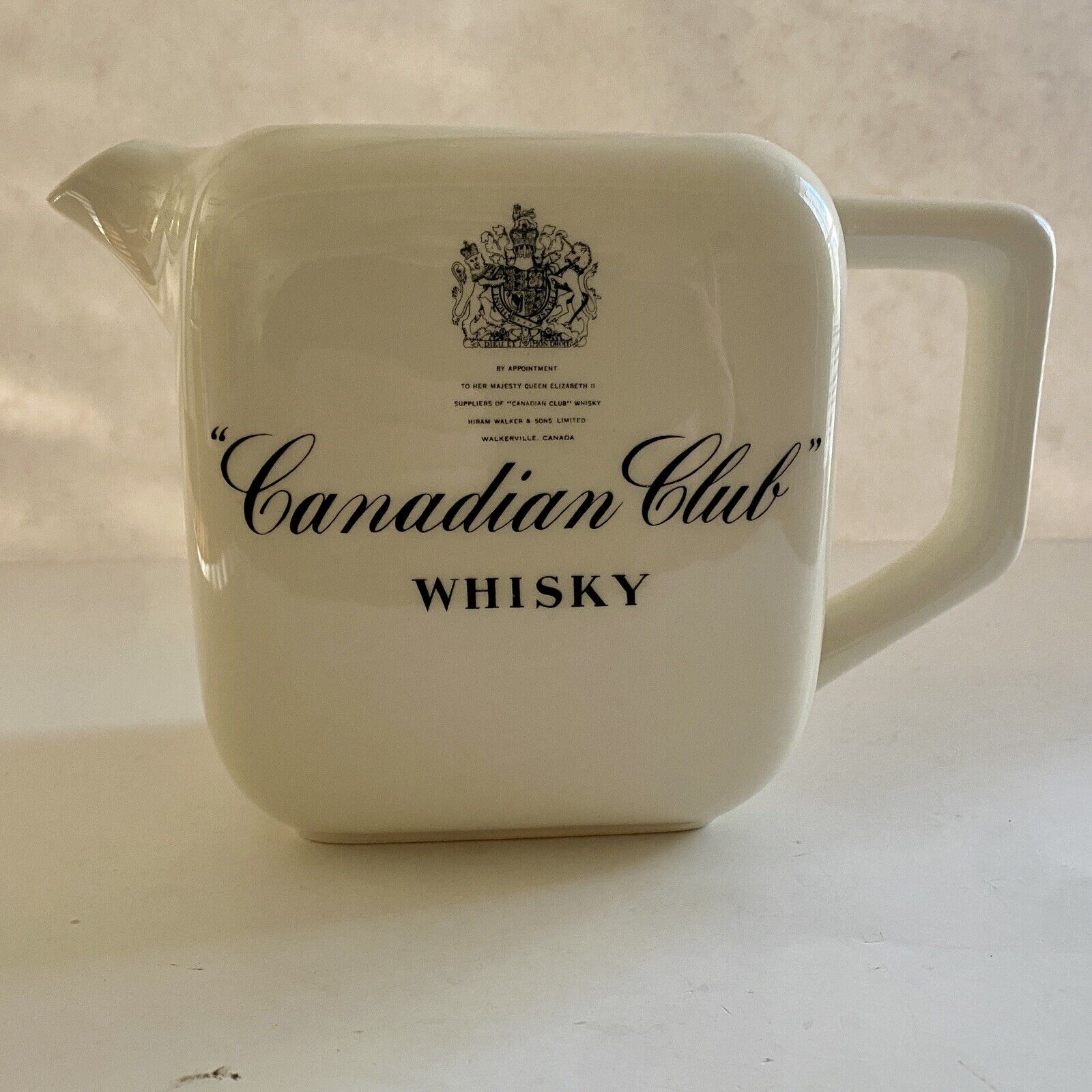 Canadian Club Whiskey Water Pitcher White Ceramic Royal Seal Made In USA Pub Jug