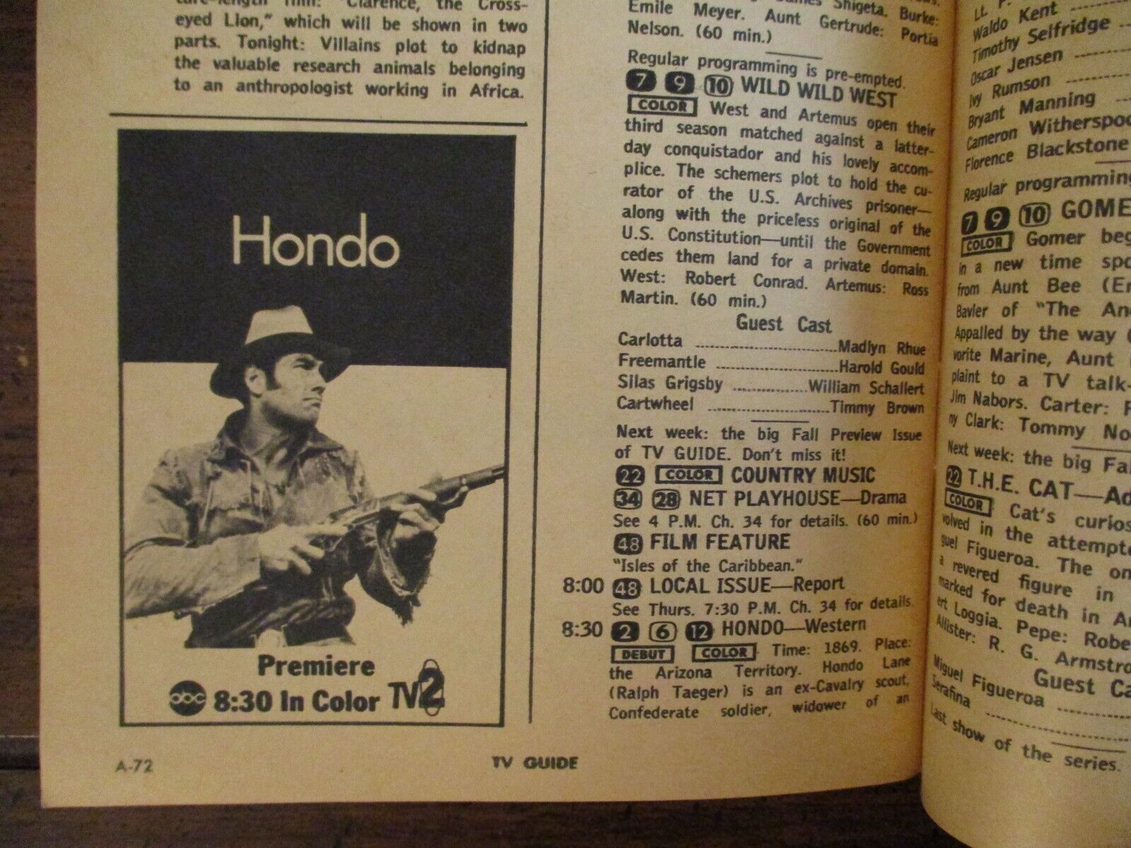 9/1967 TV Guide(DEBUT OF HONDO/CUSTER/GARRISON\'S GORILLAS/EVA GABOR/WILL SONNETT