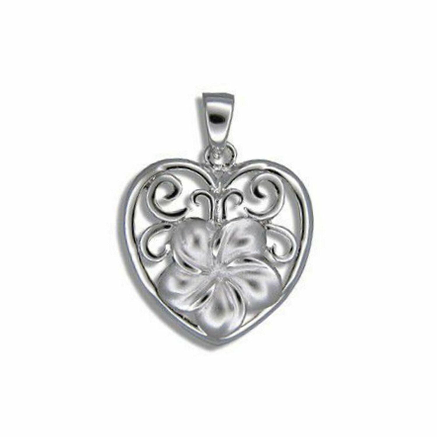 Hawaiian Heirloom Jewelry Plumeria Flower in Heart Sterling Silver Pendant